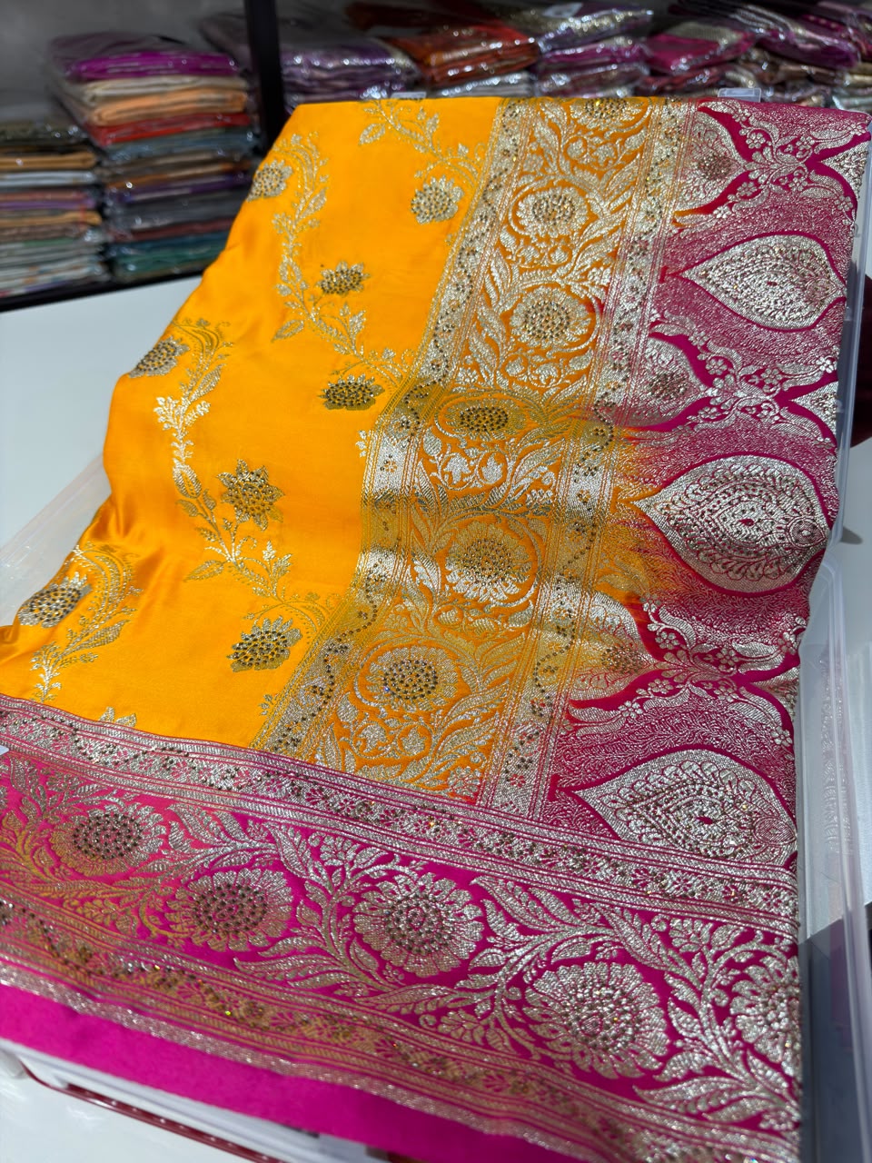 Rajwada Mango & Rani Pink Designer Saree