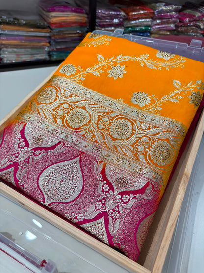 Rajwada Mango & Rani Pink Designer Saree