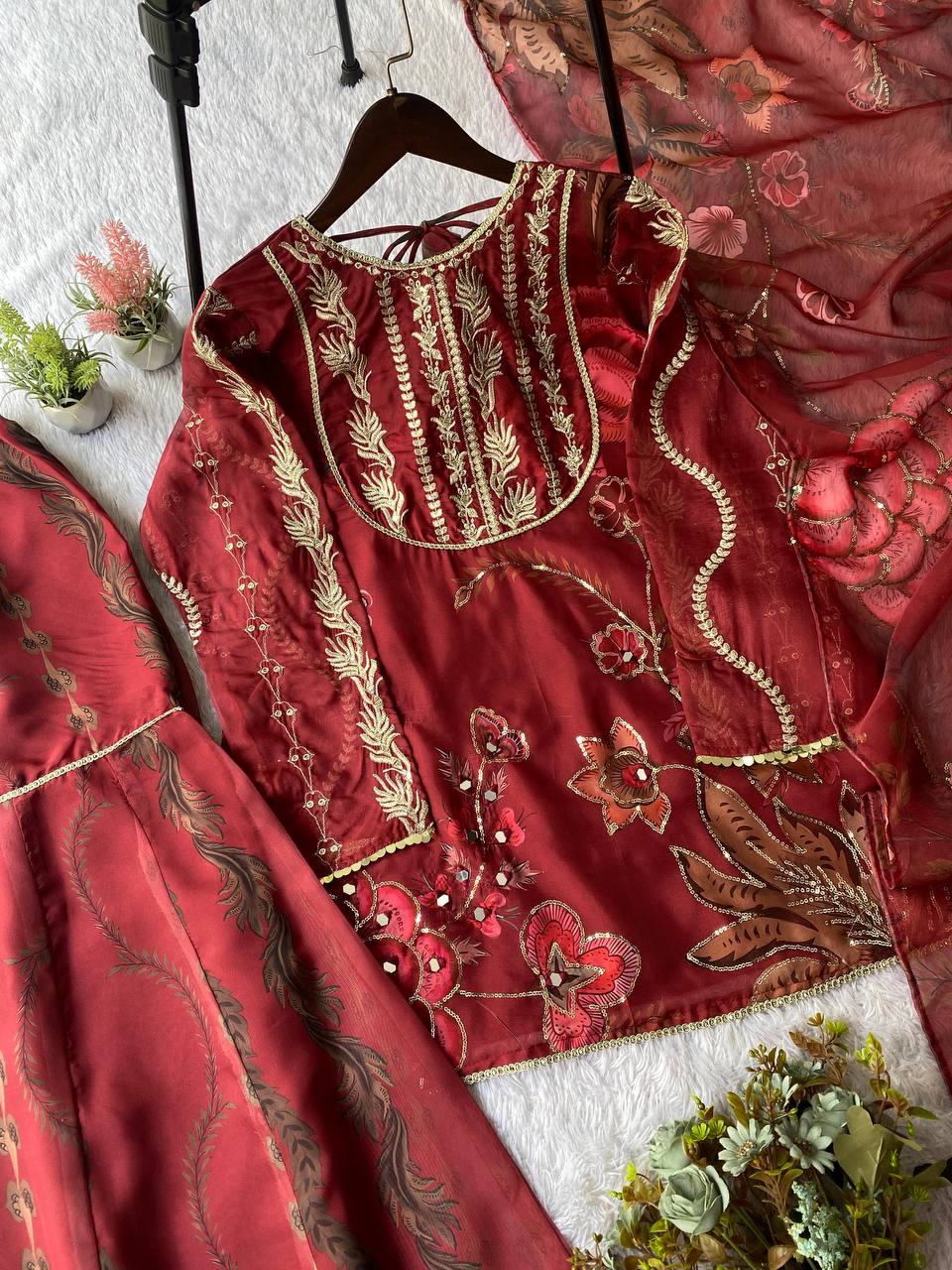 Red Organza Embroidered Short Kurti with Sharara & Dupatta – Sequence & Mirror Work 3 Piece Set