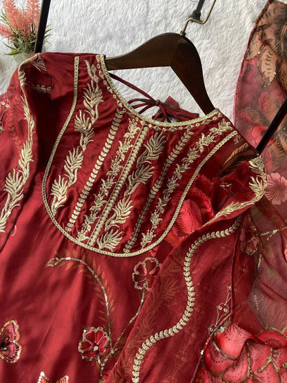 Red Organza Embroidered Short Kurti with Sharara & Dupatta – Sequence & Mirror Work 3 Piece Set