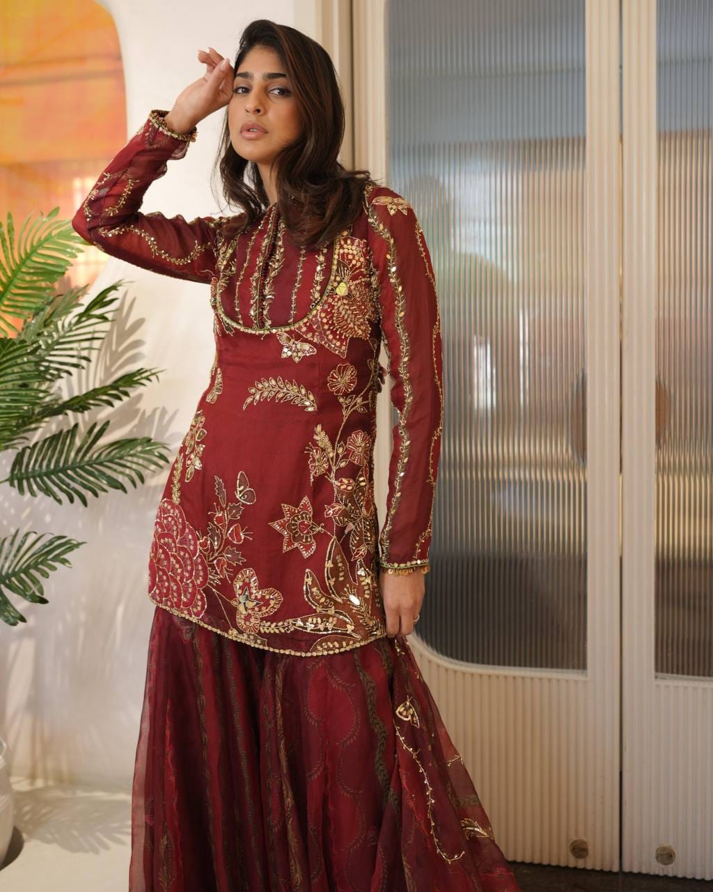Red Organza Embroidered Short Kurti with Sharara & Dupatta – Sequence & Mirror Work 3 Piece Set