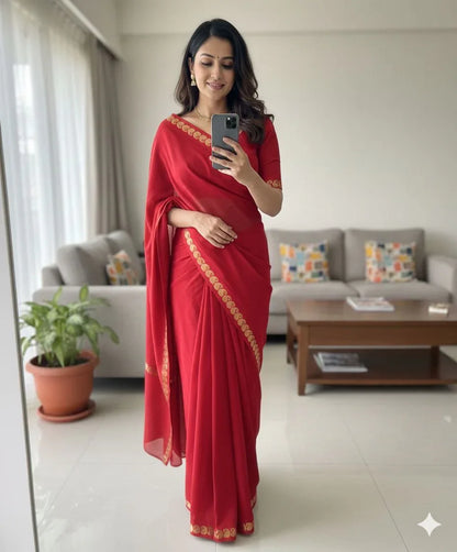 Red Viscose Crepe Georgette Saree with Chit Pallu