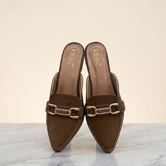 Women’s Brown Pointed Toe Block Heel Mules