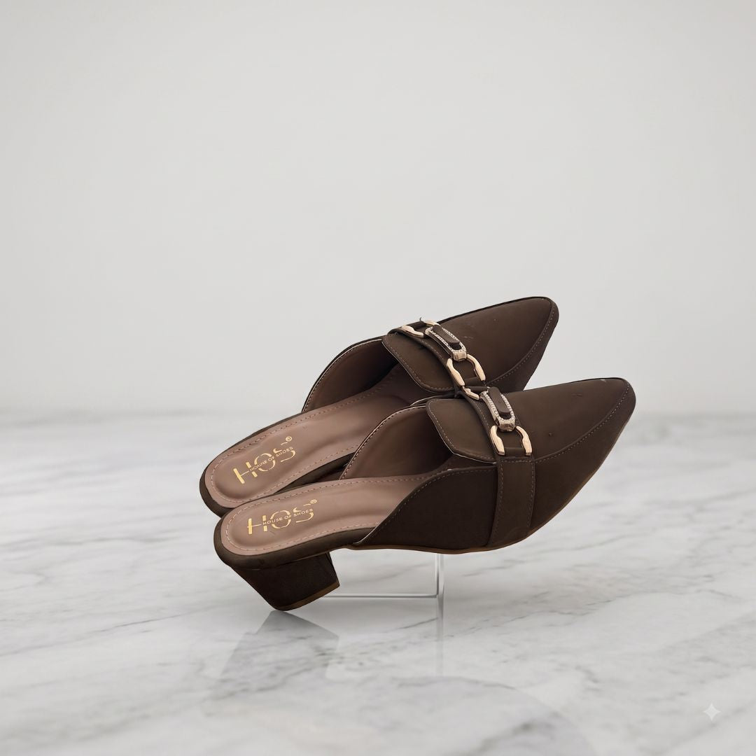 Women’s Brown Pointed Toe Block Heel Mules