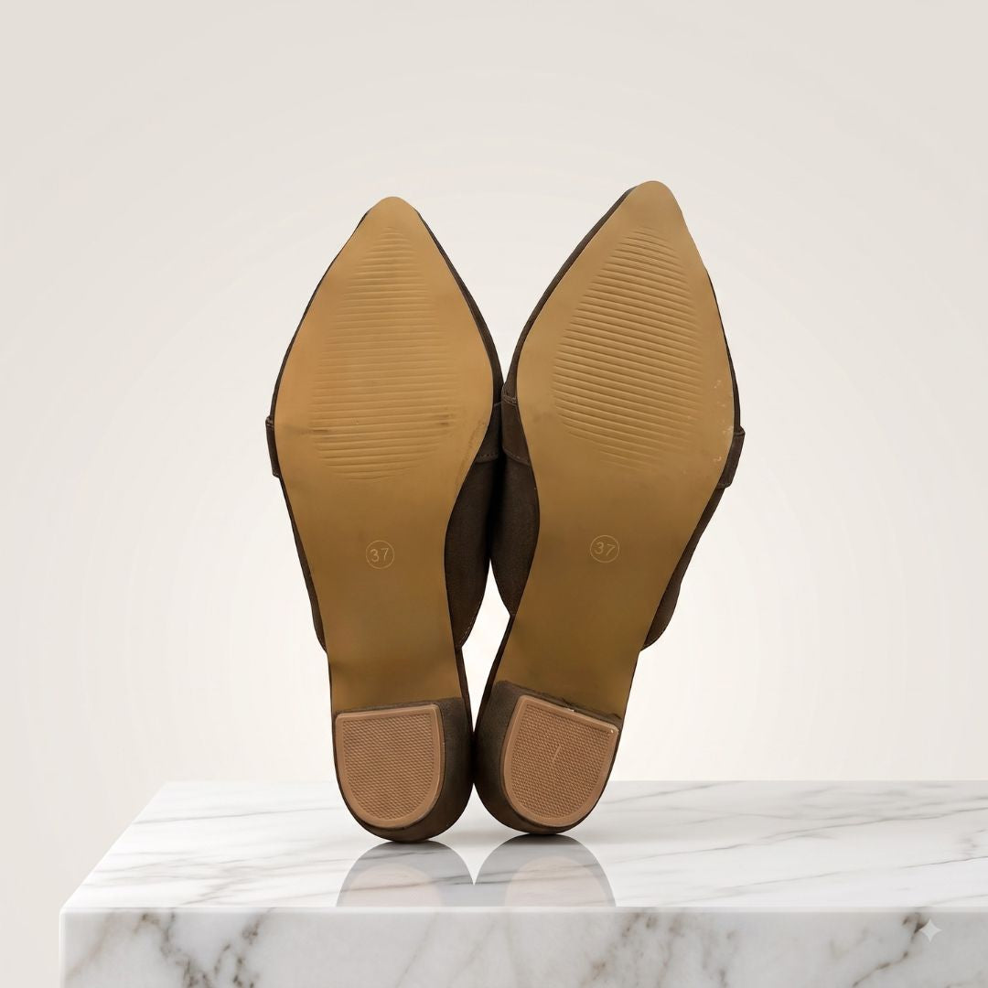 Women’s Brown Pointed Toe Block Heel Mules