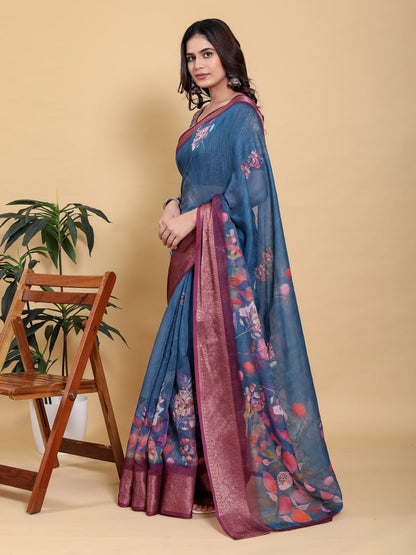 Elegant Teal Blue Floral Print Saree with Maroon Zari Border