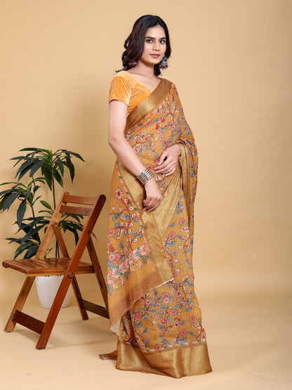 Elegant Mustard Yellow Floral Print Saree with Broad Zari Border