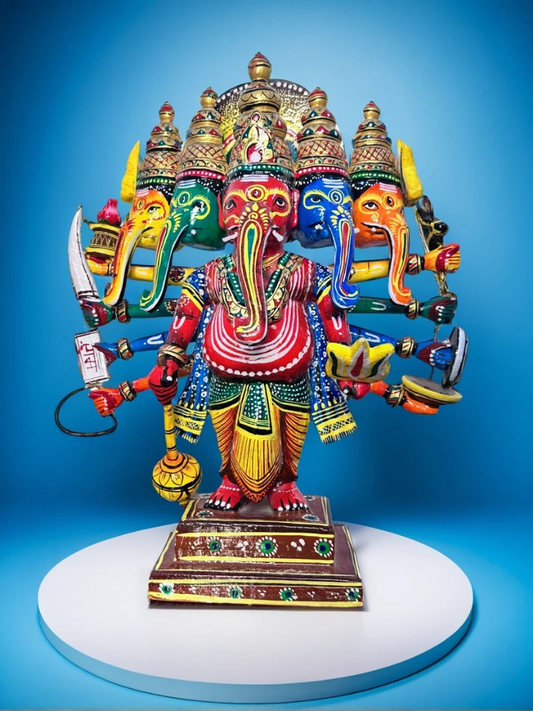 Wooden Multicoloured Panchmukhi Ganpati Idol