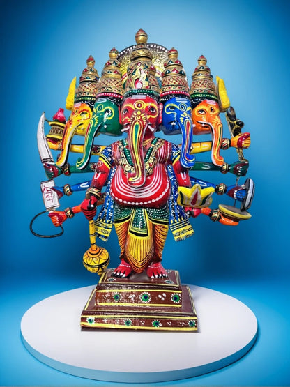 Wooden Multicoloured Panchmukhi Ganpati Idol