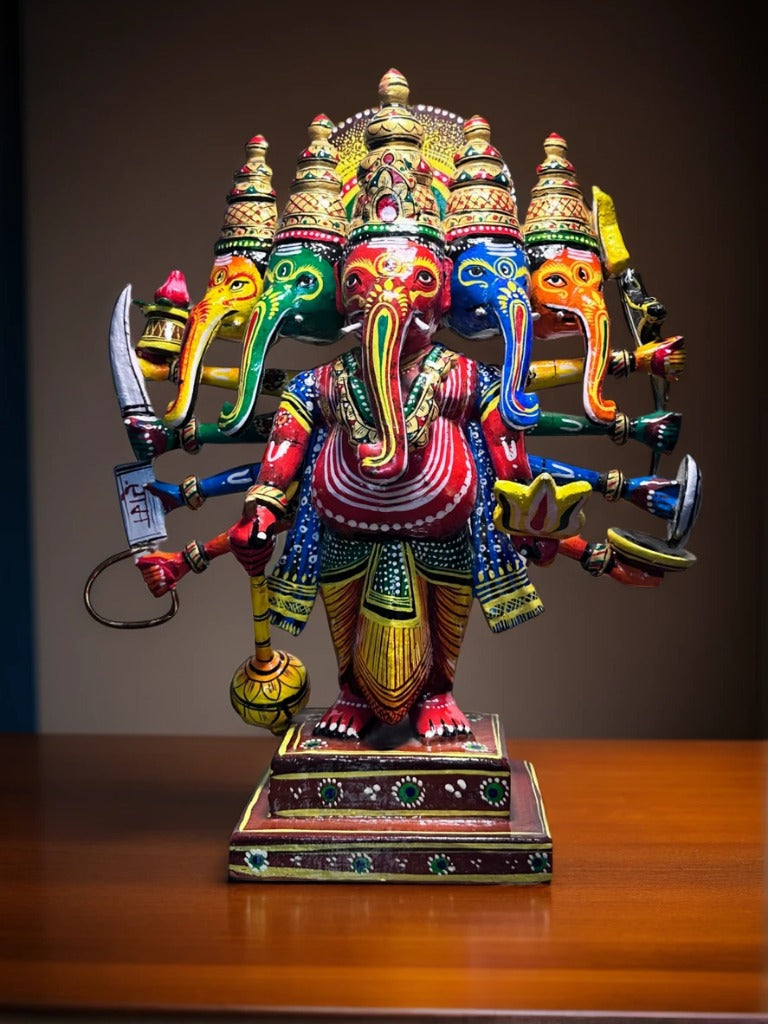 Wooden Multicoloured Panchmukhi Ganpati Idol