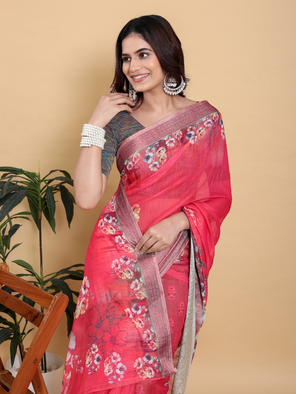Vibrant Rani Pink Floral Saree with Contrast Green Zari Border