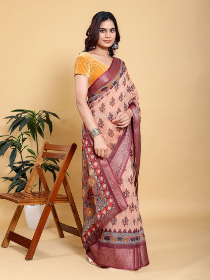 Elegant Peach/Coral Floral Print Saree with Maroon Zari Border