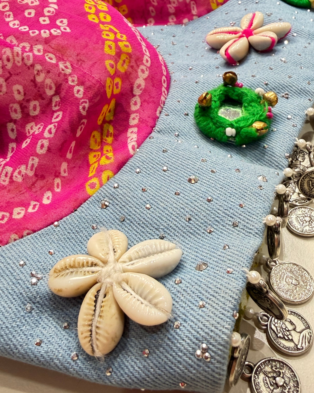 Pink Bandhani Halter Neck Blouse with Denim Detail & Shell work
