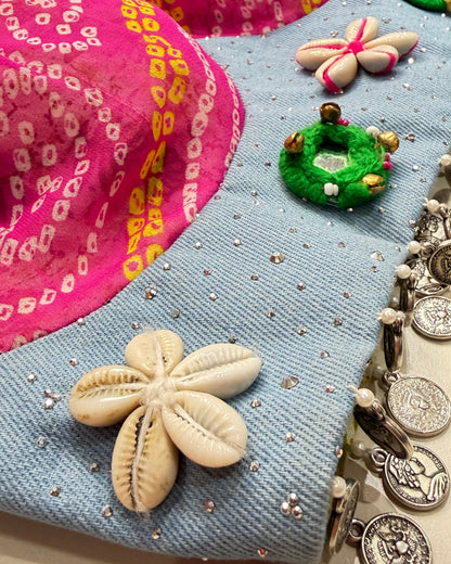 Pink Bandhani Halter Neck Blouse with Denim Detail & Shell work