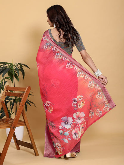 Vibrant Rani Pink Floral Saree with Contrast Green Zari Border
