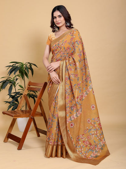 Elegant Mustard Yellow Floral Print Saree with Broad Zari Border
