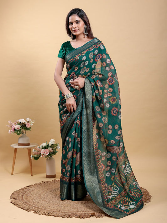 Elegant Forest Green Patola/Pochampally Print Saree with Zari Border