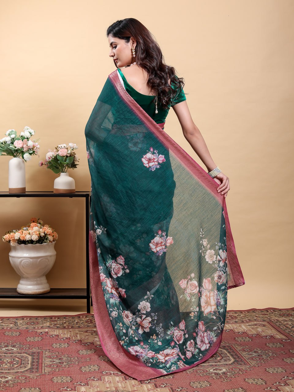Stunning Teal Floral Saree with Contrast Pink/Maroon Zari Border