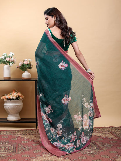 Stunning Teal Floral Saree with Contrast Pink/Maroon Zari Border