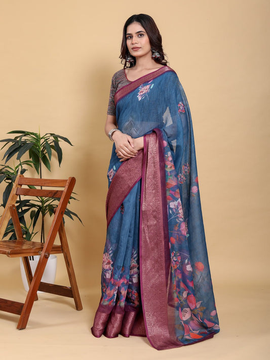 Elegant Teal Blue Floral Print Saree with Maroon Zari Border