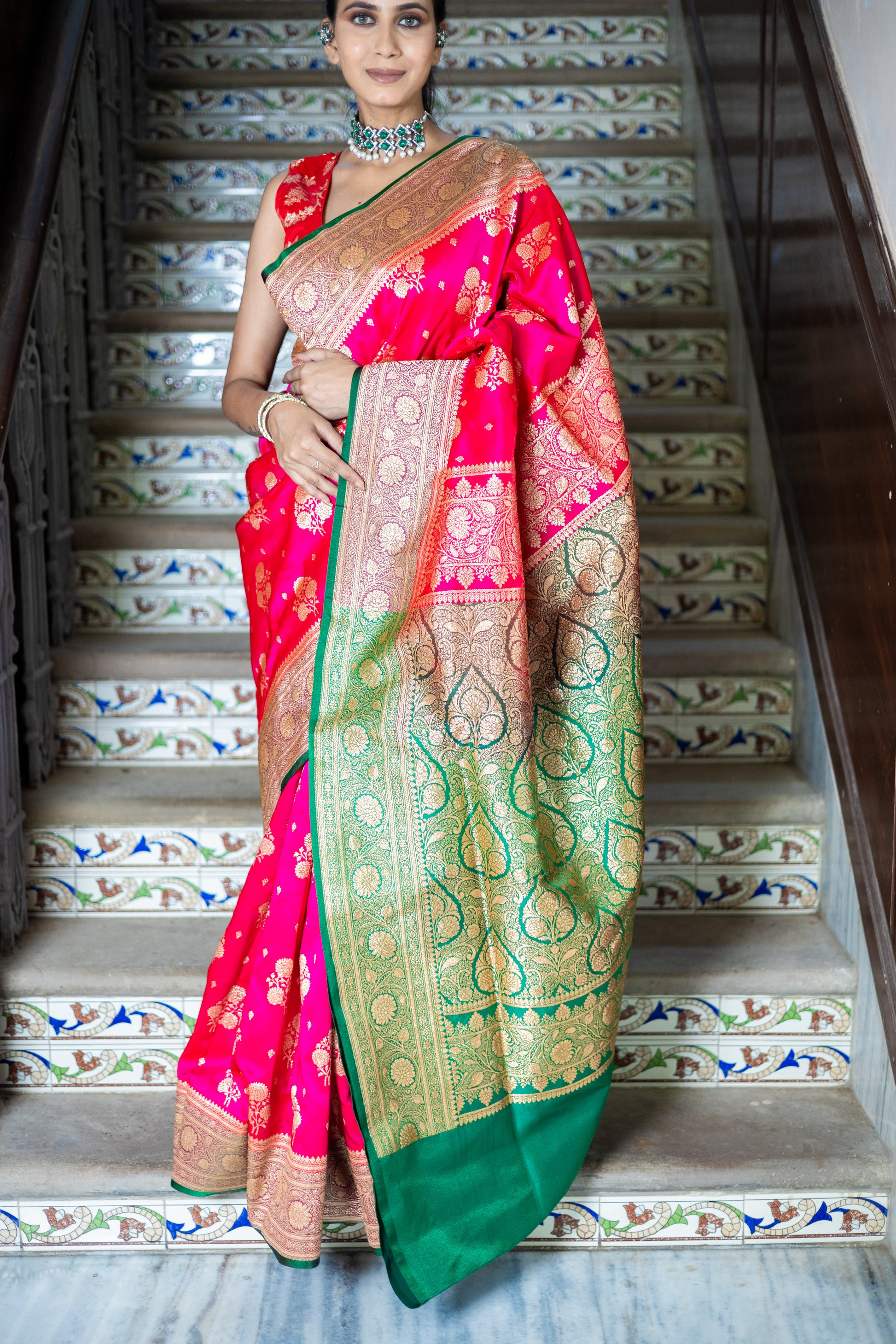 Motiya Pink Banarasi with green border Pearl Pink