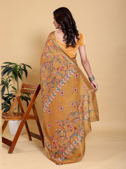 Elegant Mustard Yellow Floral Print Saree with Broad Zari Border
