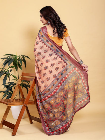Elegant Peach/Coral Floral Print Saree with Maroon Zari Border