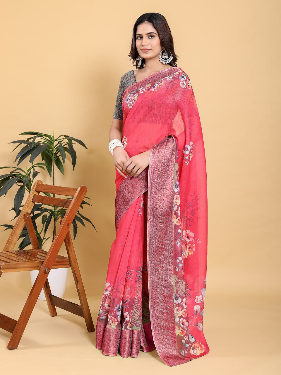 Vibrant Rani Pink Floral Saree with Contrast Green Zari Border
