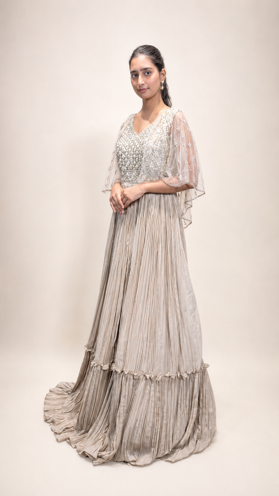 Ivory Hand‑Embroidered Cape Style Anarkali Gown