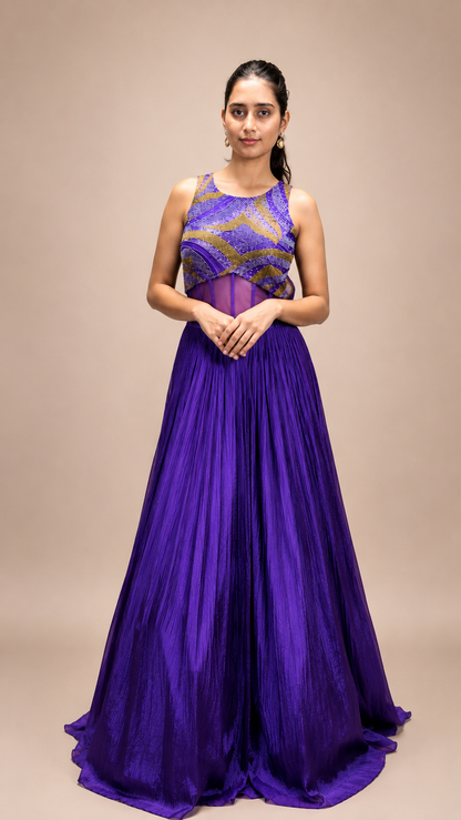 Lavender Embellished Empire Waist A‑Line Chiffon Evening Gown