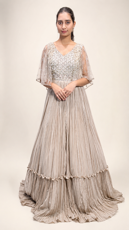 Ivory Hand‑Embroidered Cape Style Anarkali Gown