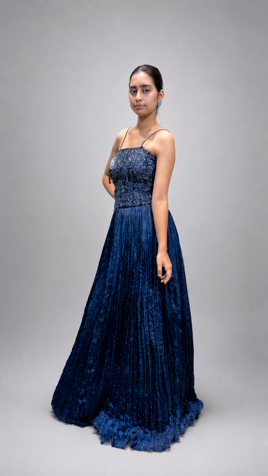 Midnight Blue Crystal Embellished Sleeveless Gown