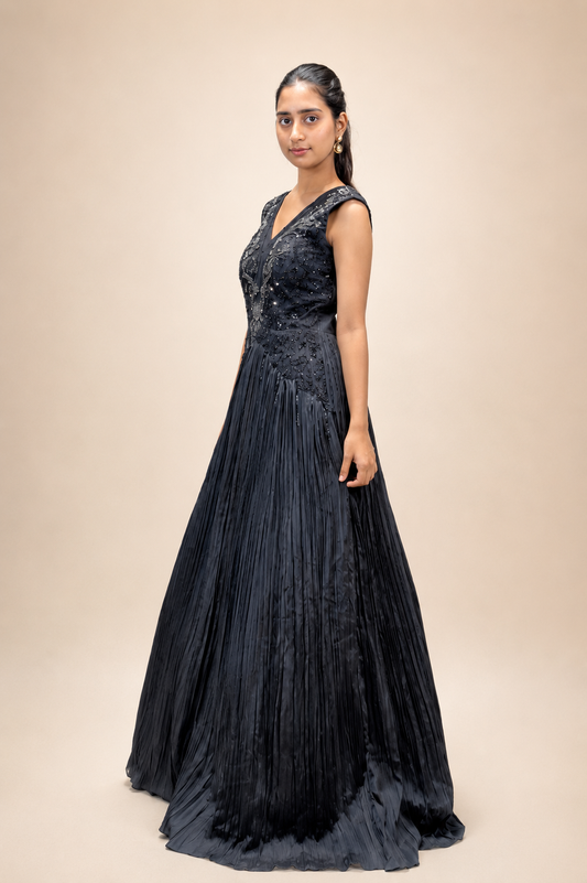 Black Embellished V‑Neck Pleated Gown