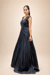 Black Embellished V‑Neck Pleated Gown