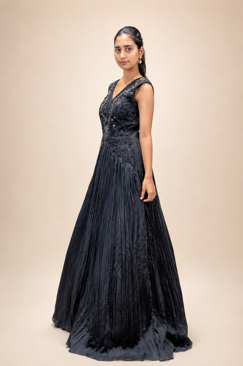 Black Embellished V‑Neck Pleated Gown