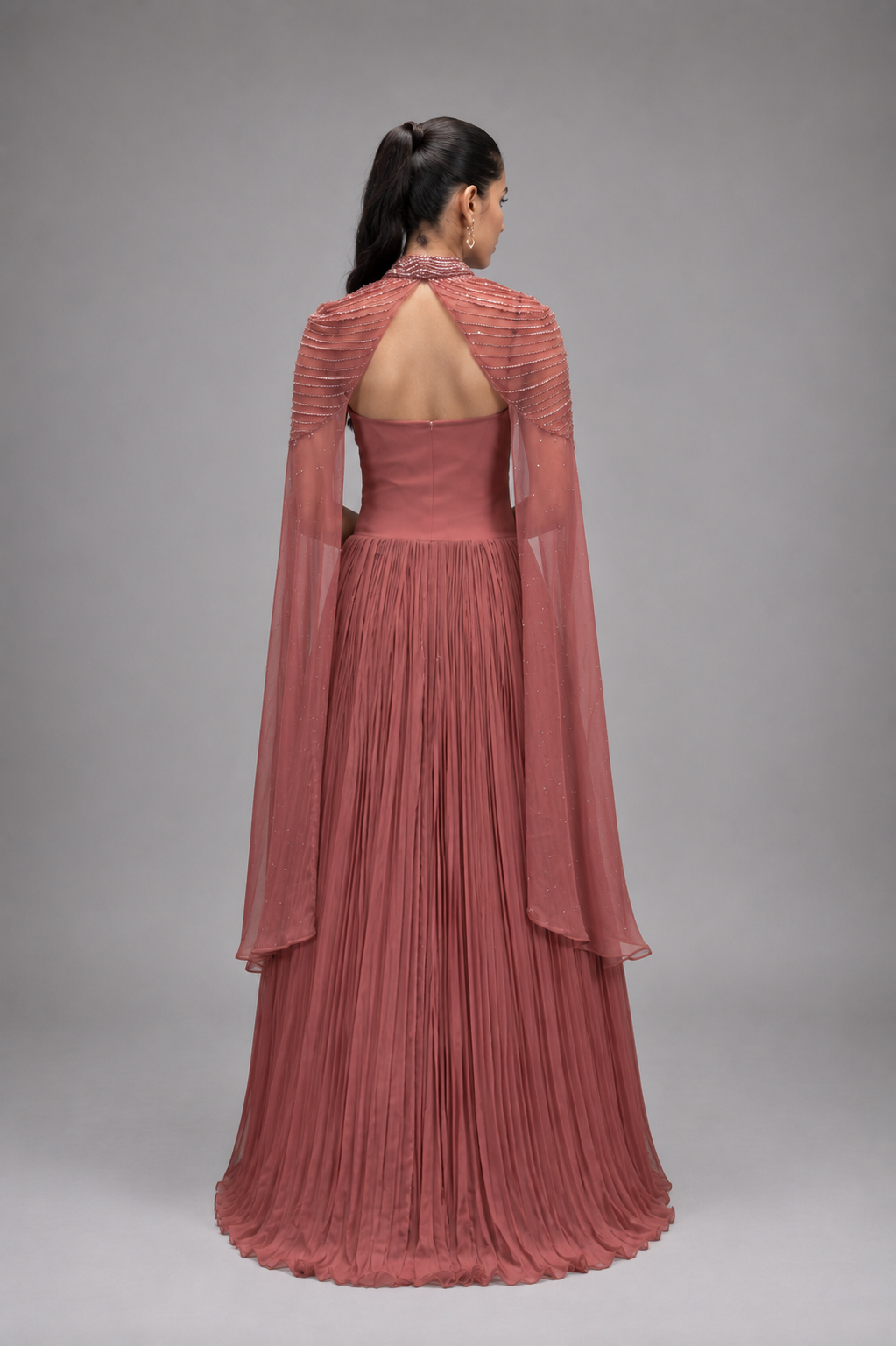 Rose Gold Hand‑Embellished Cape Gown