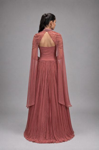 Rose Gold Hand‑Embellished Cape Gown