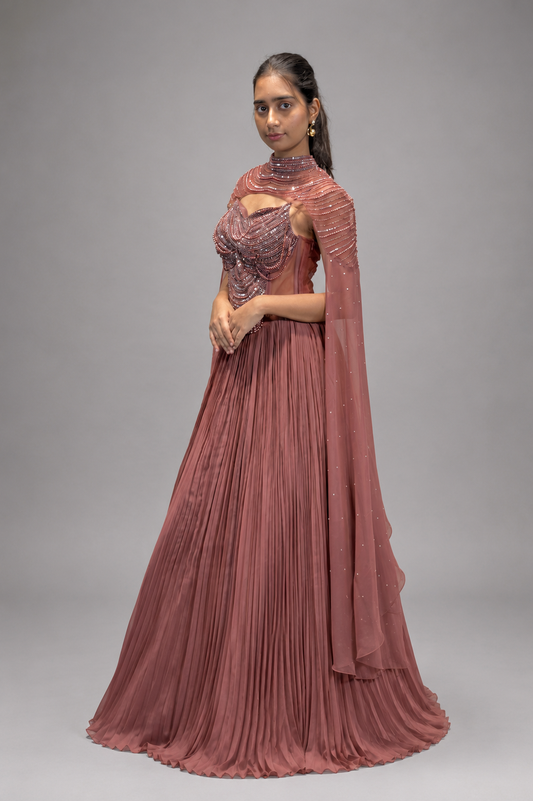 Rose Gold Hand‑Embellished Cape Gown
