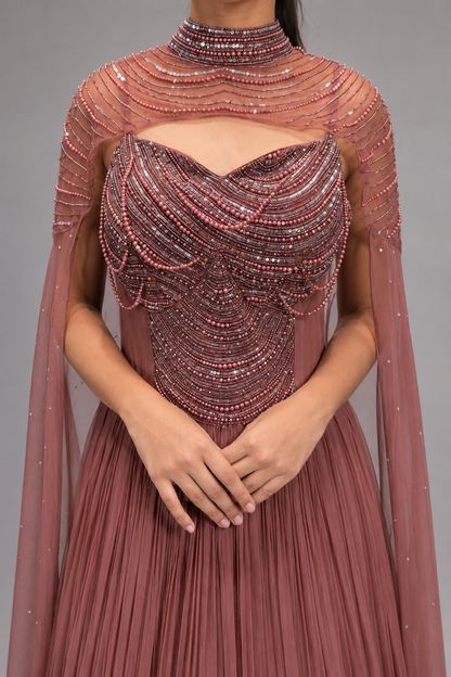 Rose Gold Hand‑Embellished Cape Gown