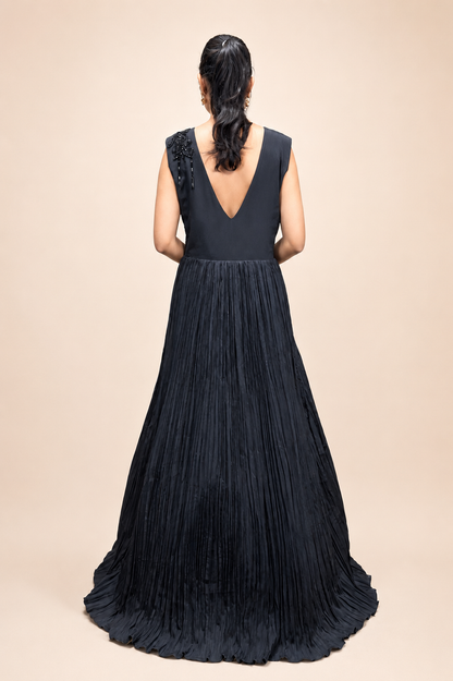 Black Embellished V‑Neck Pleated Gown
