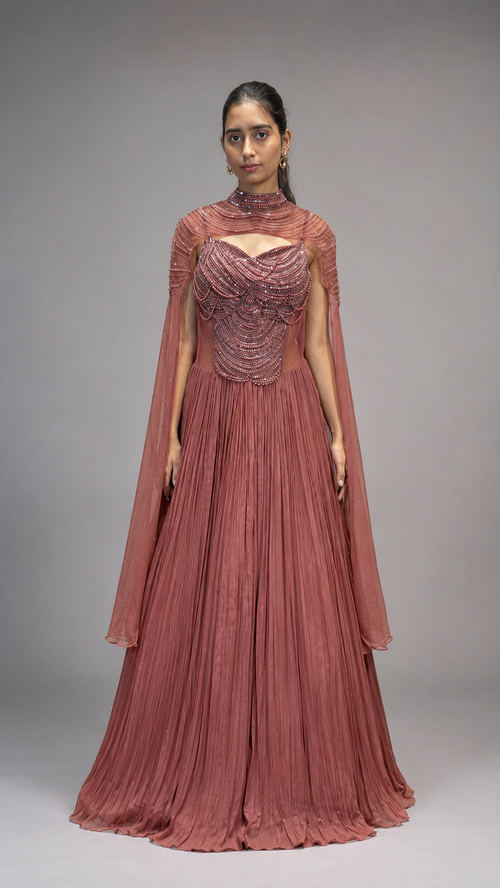 Rose Gold Hand‑Embellished Cape Gown