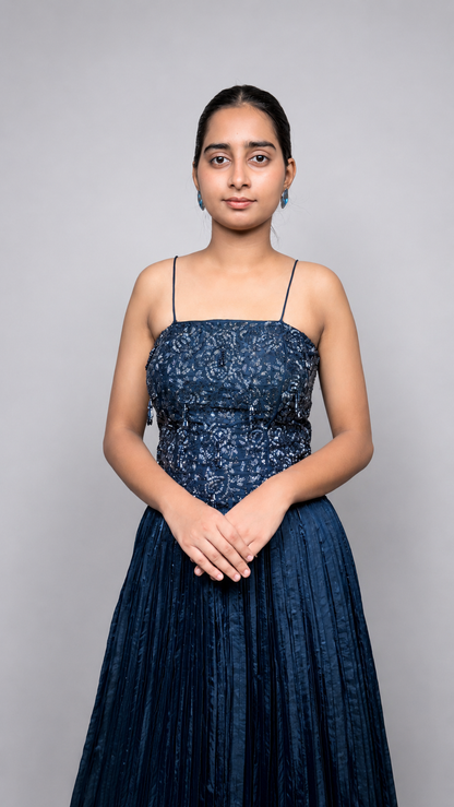 Midnight Blue Crystal Embellished Sleeveless Gown