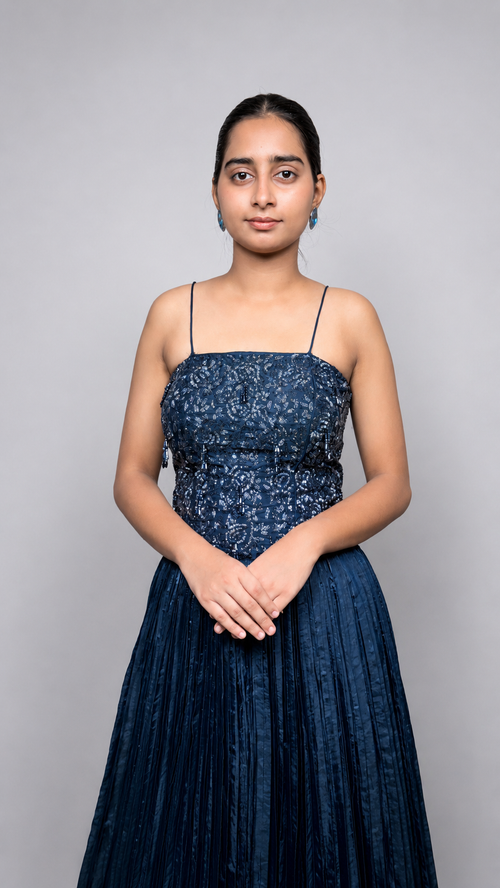 Midnight Blue Crystal Embellished Sleeveless Gown