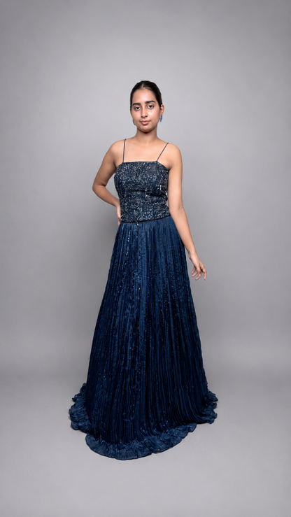 Midnight Blue Crystal Embellished Sleeveless Gown