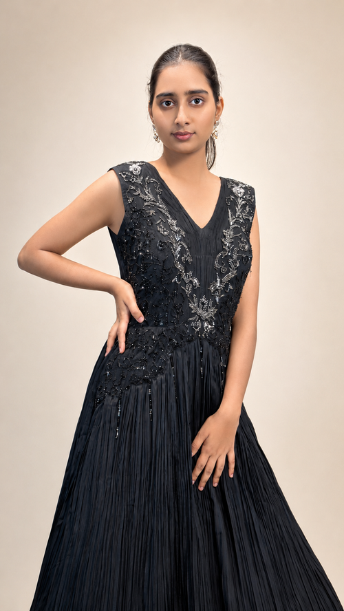 Black Embellished V‑Neck Pleated Gown