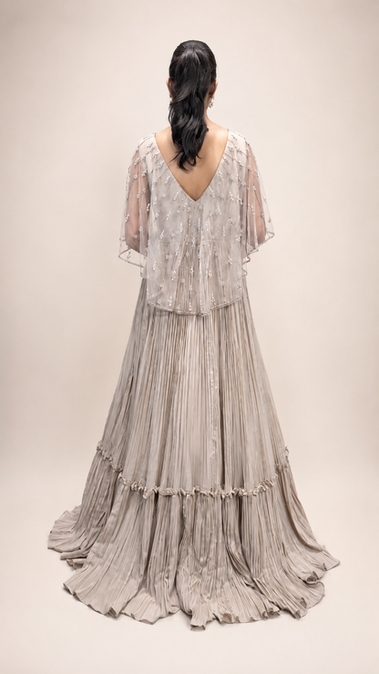 Ivory Hand‑Embroidered Cape Style Anarkali Gown