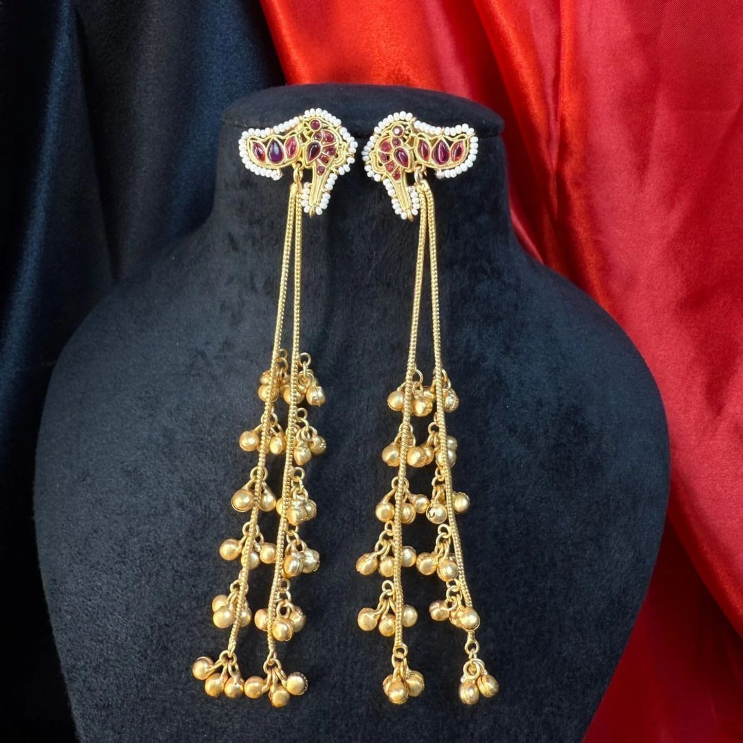 Maroon Stone Long Kashmiri Tassel Earrings for Women