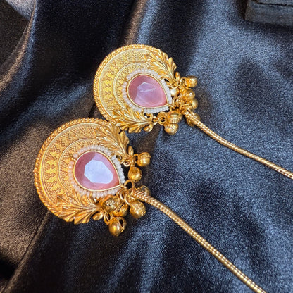 Pink Stone Long Kashmiri Jhumka Earrings for Women