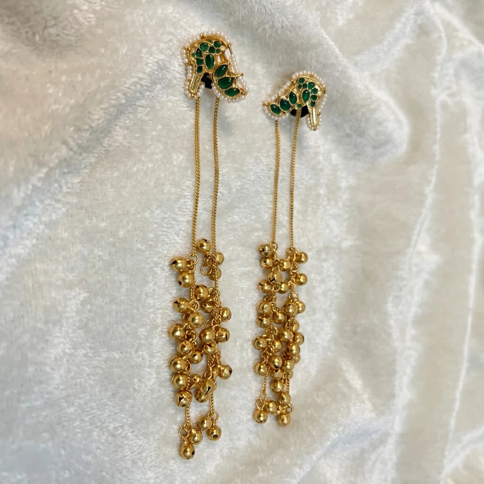 Green Stone Long Kashmiri Tassel Earrings for Women