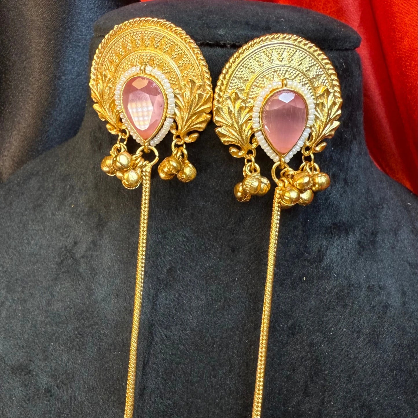 Pink Stone Long Kashmiri Jhumka Earrings for Women